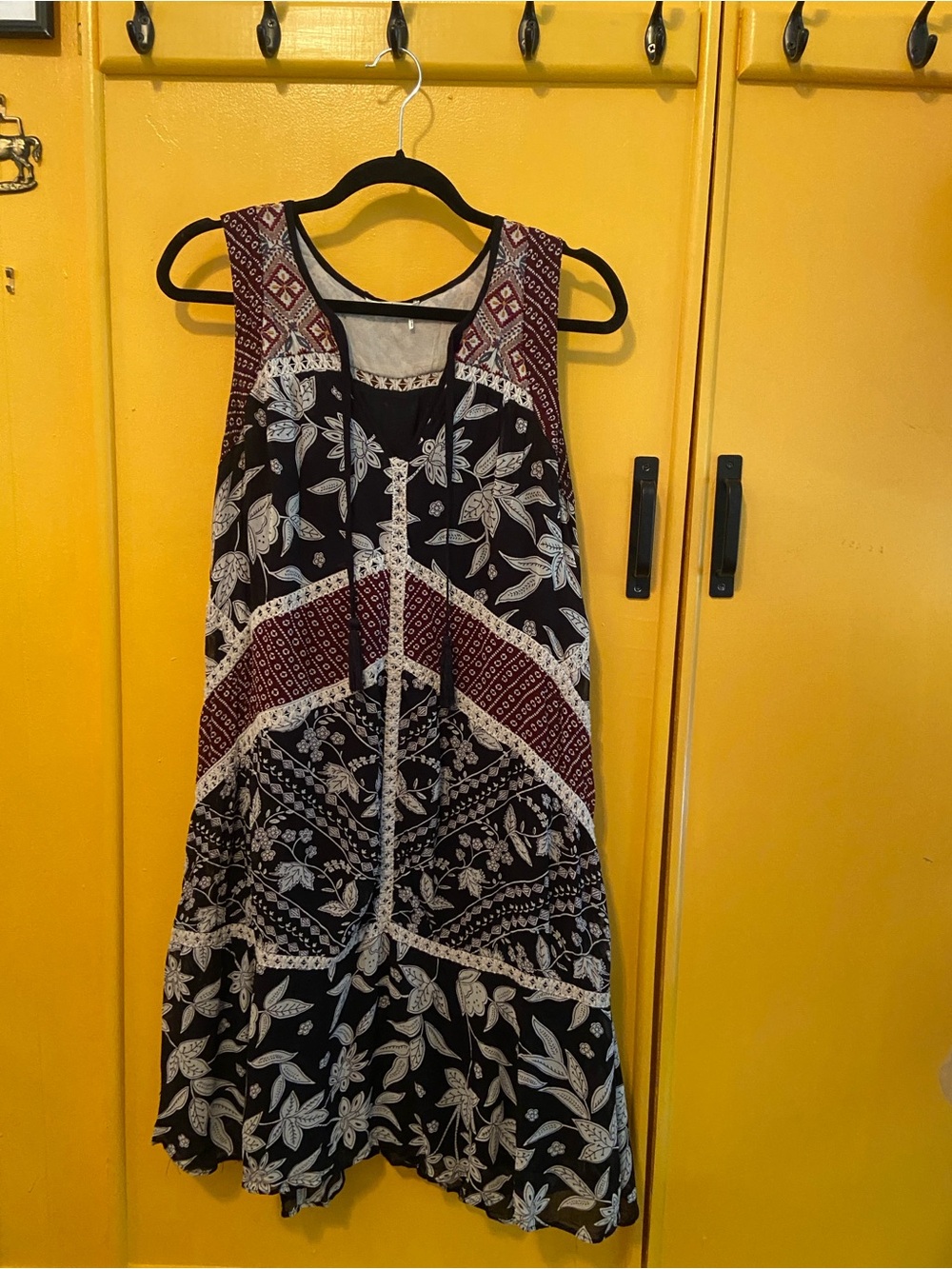 Anthropologie Black and Burgundy Sleeveless Midi Dress with White Floral Print